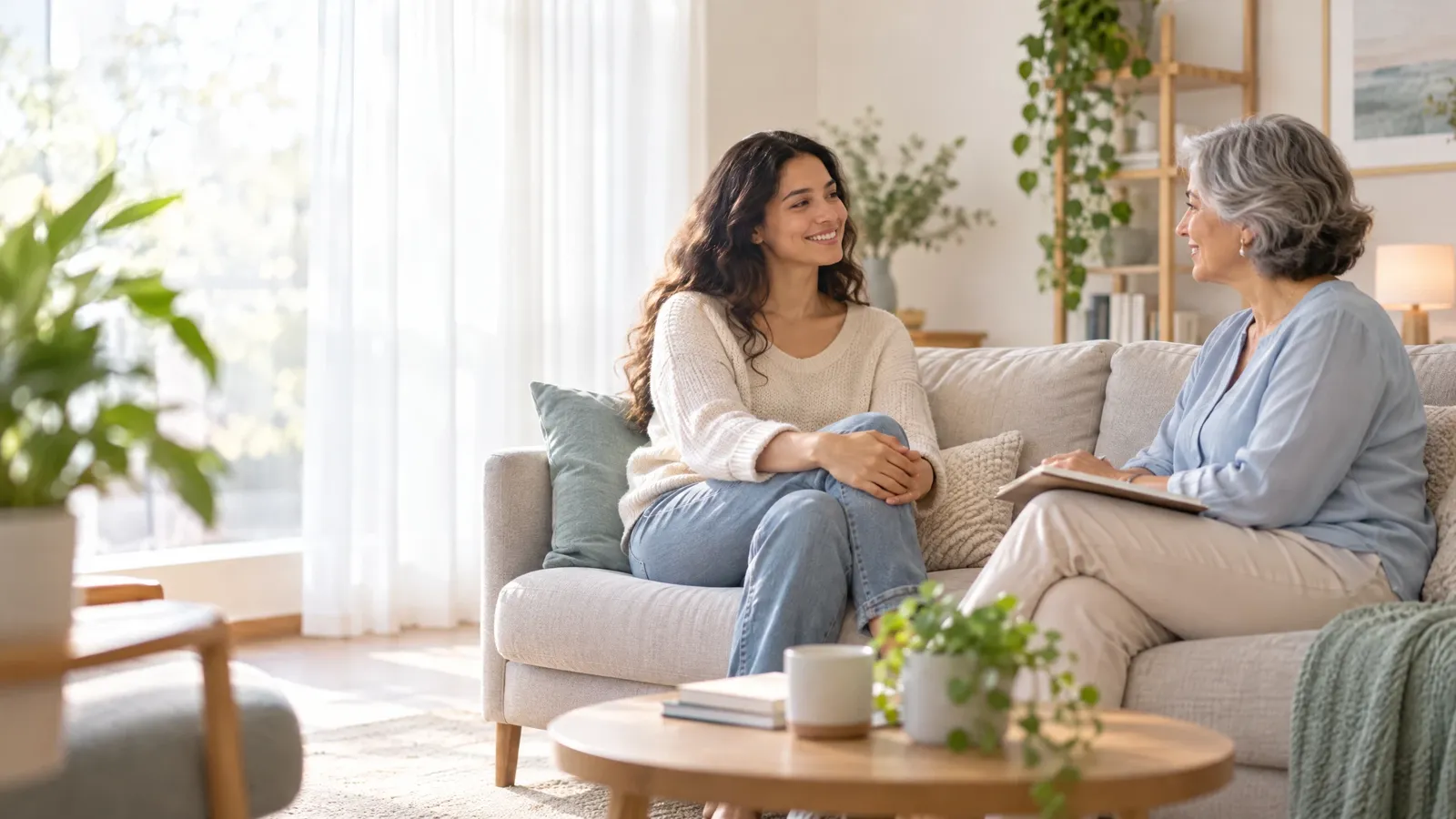 Duas mulheres conversando com tranquilidade em uma sala iluminada, em clima de acolhimento